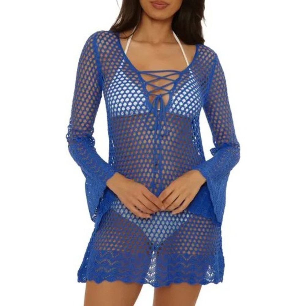 BECCA Treasure Island Long Sleeve Reversible Open Knit Cover-Up Tunic Blue Med‎